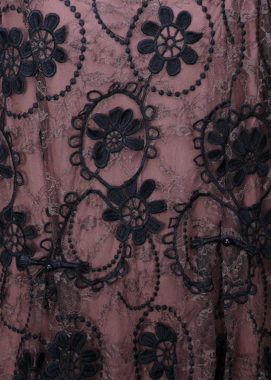 Beautiful Pink O-Neck Embroideried Lace Holiday Long Dress Long Sleeve