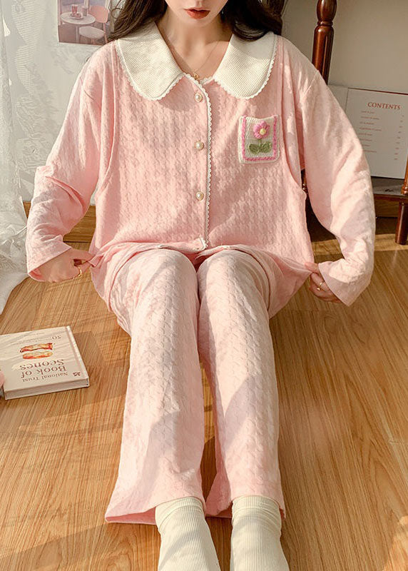 Beautiful Pink Patchwork Floral Cotton Pajamas Two Pieces Set Spring