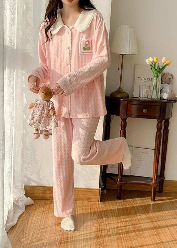 Beautiful Pink Patchwork Floral Cotton Pajamas Two Pieces Set Spring