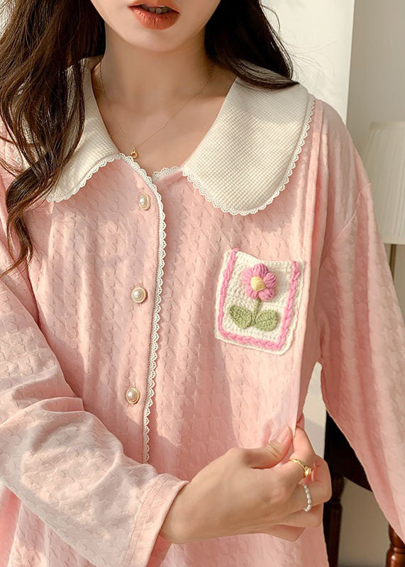 Beautiful Pink Patchwork Floral Cotton Pajamas Two Pieces Set Spring