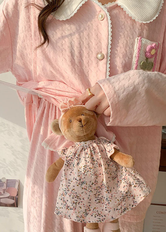 Beautiful Pink Patchwork Floral Cotton Pajamas Two Pieces Set Spring