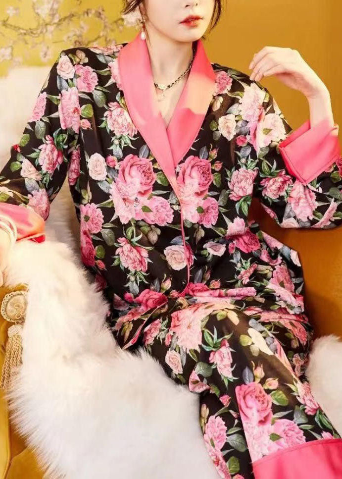 Beautiful Pink Patchwork Rose Ice Silk Pajamas Two Piece Suit Set Spring