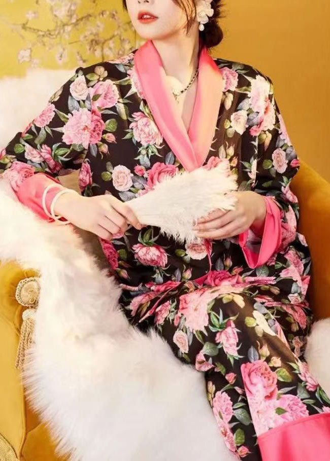 Beautiful Pink Patchwork Rose Ice Silk Pajamas Two Piece Suit Set Spring