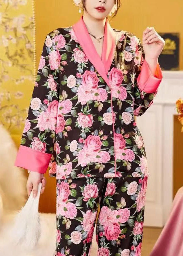 Beautiful Pink Patchwork Rose Ice Silk Pajamas Two Piece Suit Set Spring