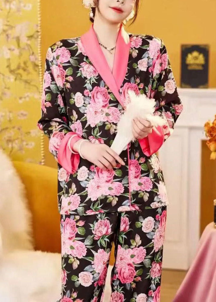 Beautiful Pink Patchwork Rose Ice Silk Pajamas Two Piece Suit Set Spring