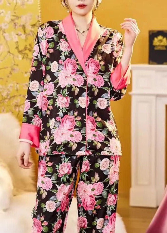 Beautiful Pink Patchwork Rose Ice Silk Pajamas Two Piece Suit Set Spring