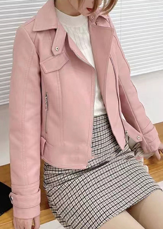 Beautiful Pink Peter Pan Collar Zip Up Patchwork Faux Leather Coat Fall