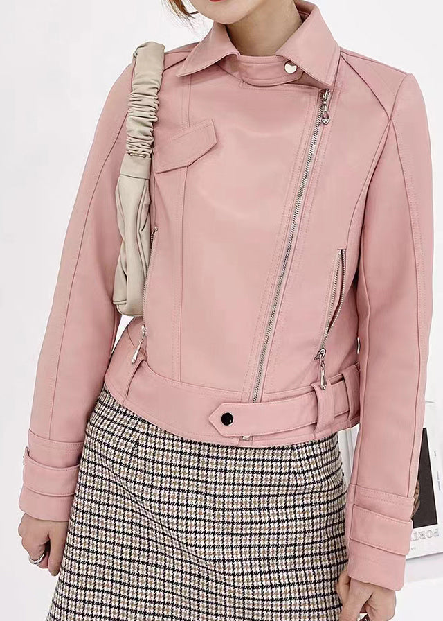 Beautiful Pink Peter Pan Collar Zip Up Patchwork Faux Leather Coat Fall