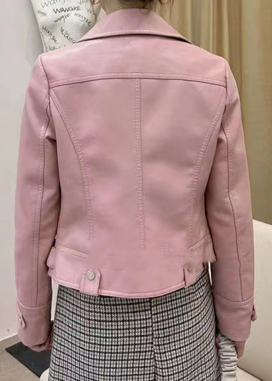 Beautiful Pink Peter Pan Collar Zip Up Patchwork Faux Leather Coat Fall