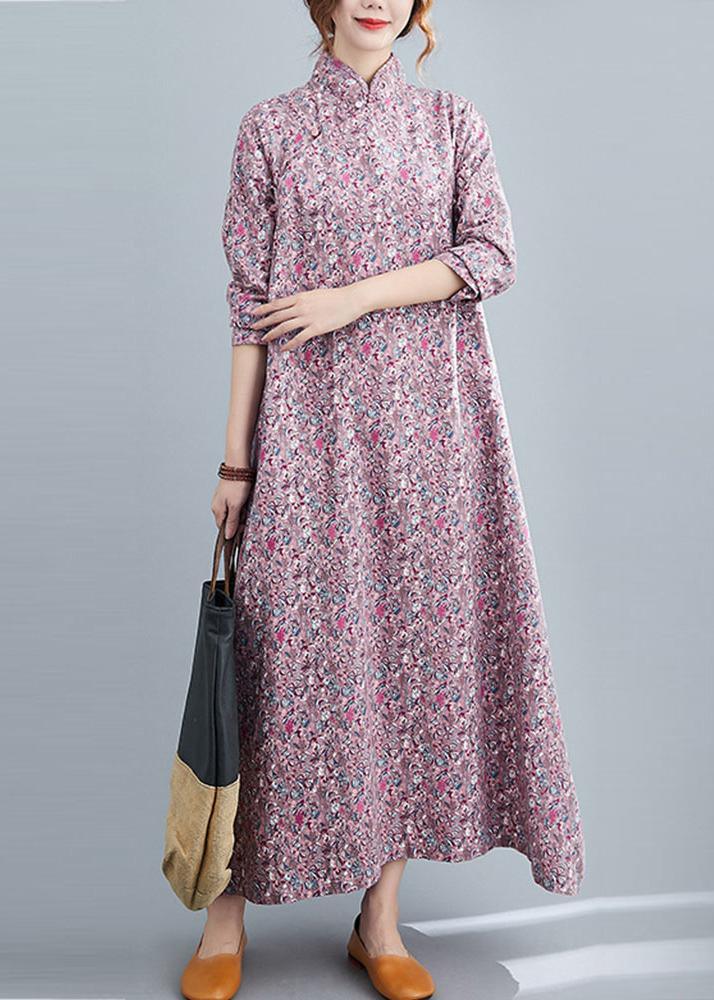 Beautiful Pink Print Cotton Oriental Spring Long Dress - Omychic