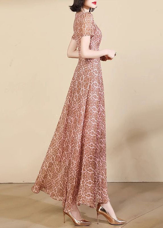 Beautiful Pink Print High Waist Chiffon Maxi Dresses Summer