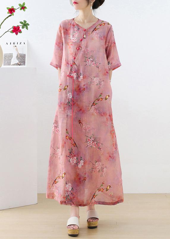 Beautiful Pink Print Oriental asymmetrical Design Summer Ramie Long Dresses - Omychic