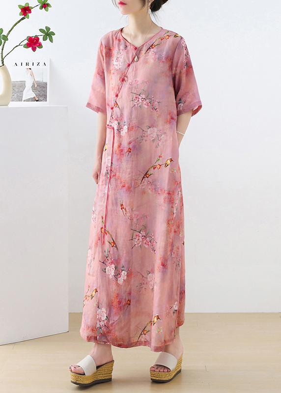 Beautiful Pink Print Oriental asymmetrical Design Summer Ramie Long Dresses - Omychic