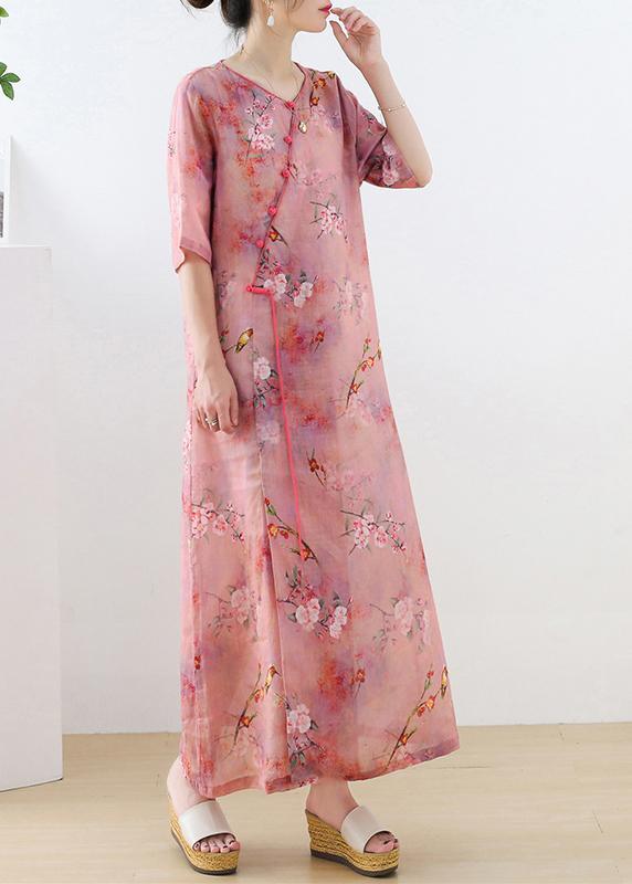 Beautiful Pink Print Oriental asymmetrical Design Summer Ramie Long Dresses - Omychic