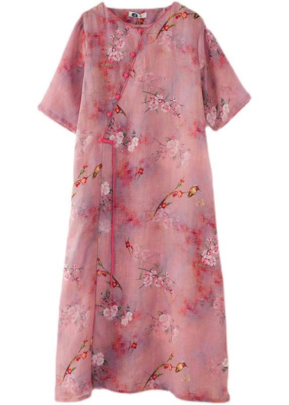 Beautiful Pink Print Oriental asymmetrical Design Summer Ramie Long Dresses - Omychic