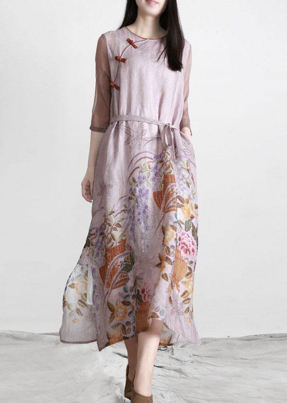Beautiful Pink Print tie waist Pockets Summer Linen Dress - Omychic