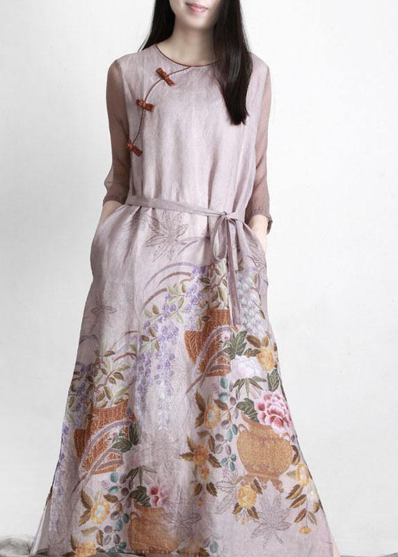 Beautiful Pink Print tie waist Pockets Summer Linen Dress - Omychic