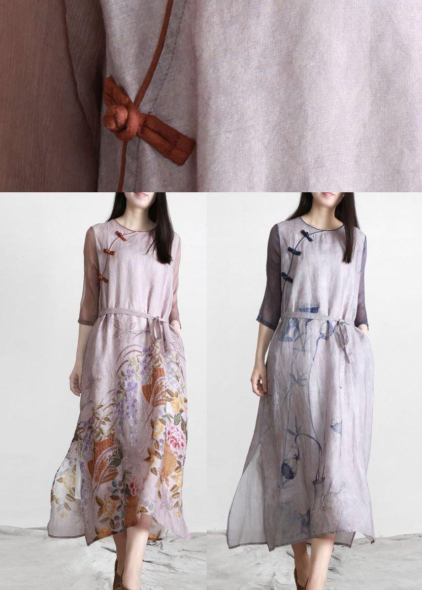 Beautiful Pink Print tie waist Pockets Summer Linen Dress - Omychic