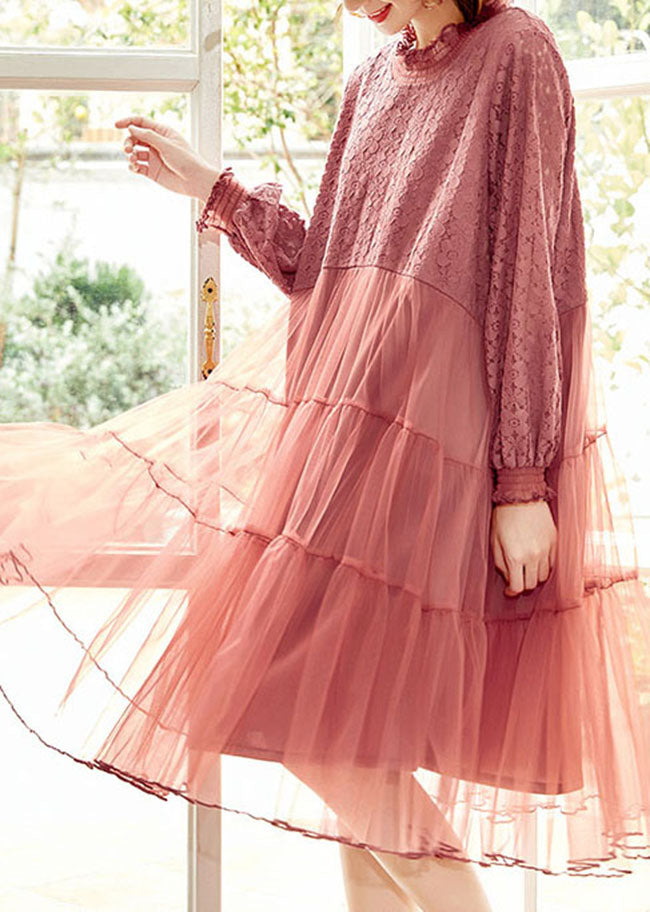 Beautiful Pink Ruffled Tulle Patchwork Lace Dresses Spring