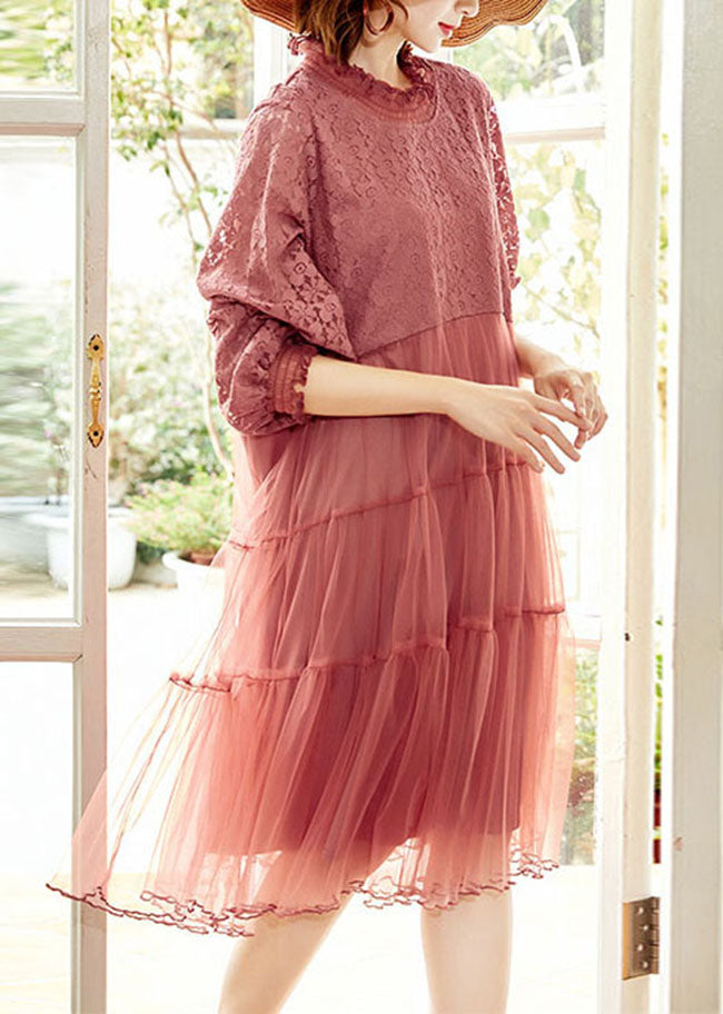 Beautiful Pink Ruffled Tulle Patchwork Lace Dresses Spring