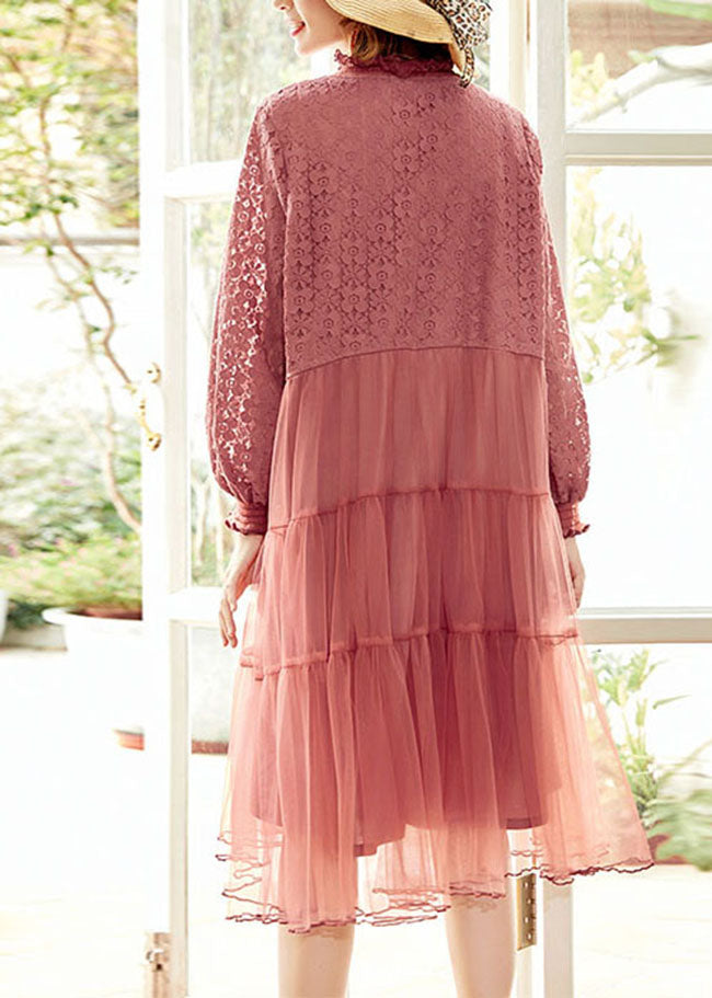 Beautiful Pink Ruffled Tulle Patchwork Lace Dresses Spring