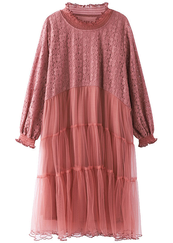 Beautiful Pink Ruffled Tulle Patchwork Lace Dresses Spring