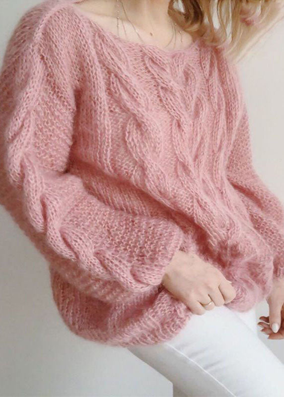 Beautiful Pink Slash Neck Hollow Out Knit Sweaters Winter