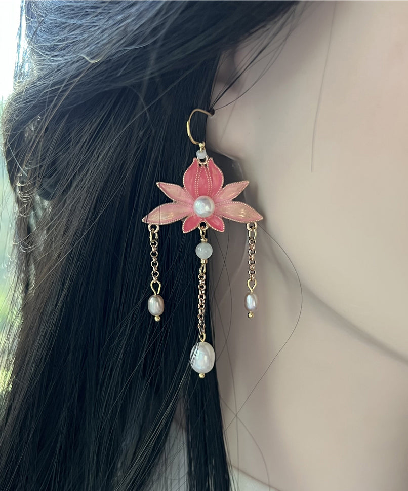 Beautiful Pink Sterling Silver Lotus Drop Earrings