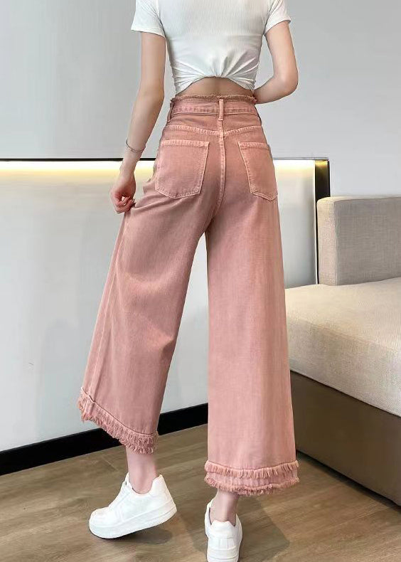 Beautiful Pink Tasseled High Waist Denim Wide Leg Pants Spring