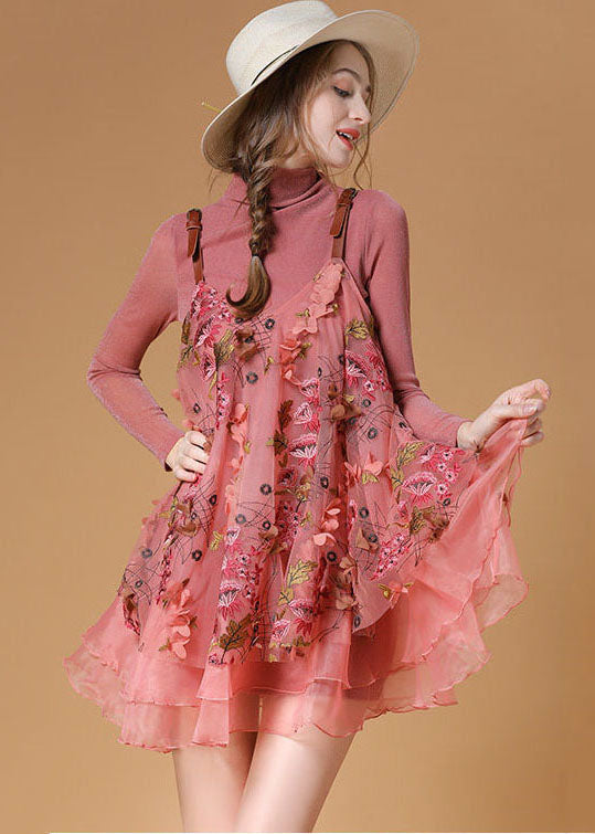 Beautiful Pink Turtle Neck Embroideried Organza Two Pieces Set Spring