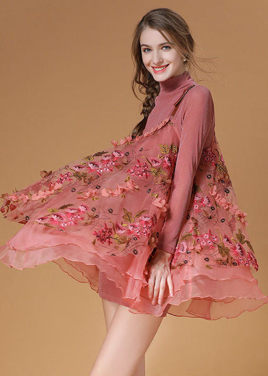 Beautiful Pink Turtle Neck Embroideried Organza Two Pieces Set Spring