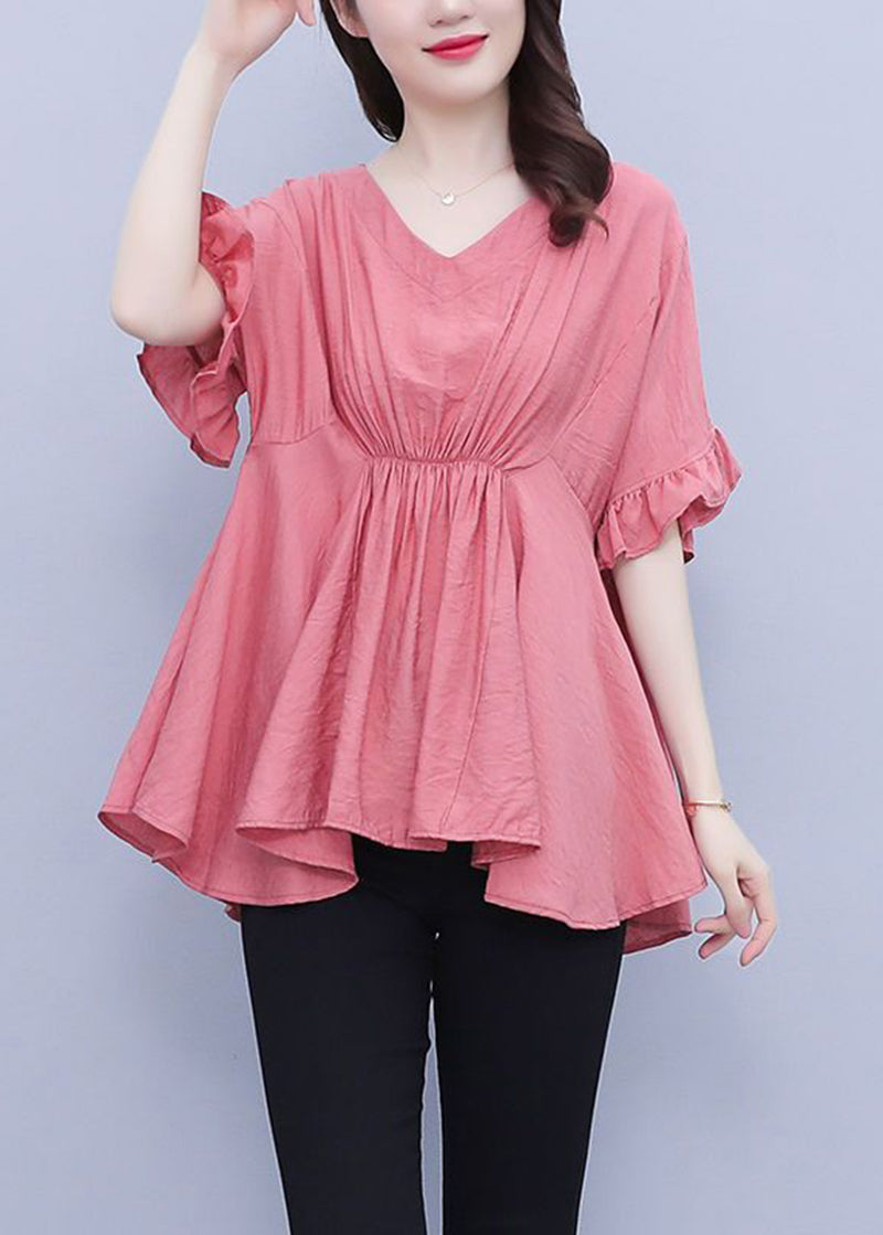 Beautiful Pink V Neck Wrinkled Slim Fit Chiffon Blouses Summer