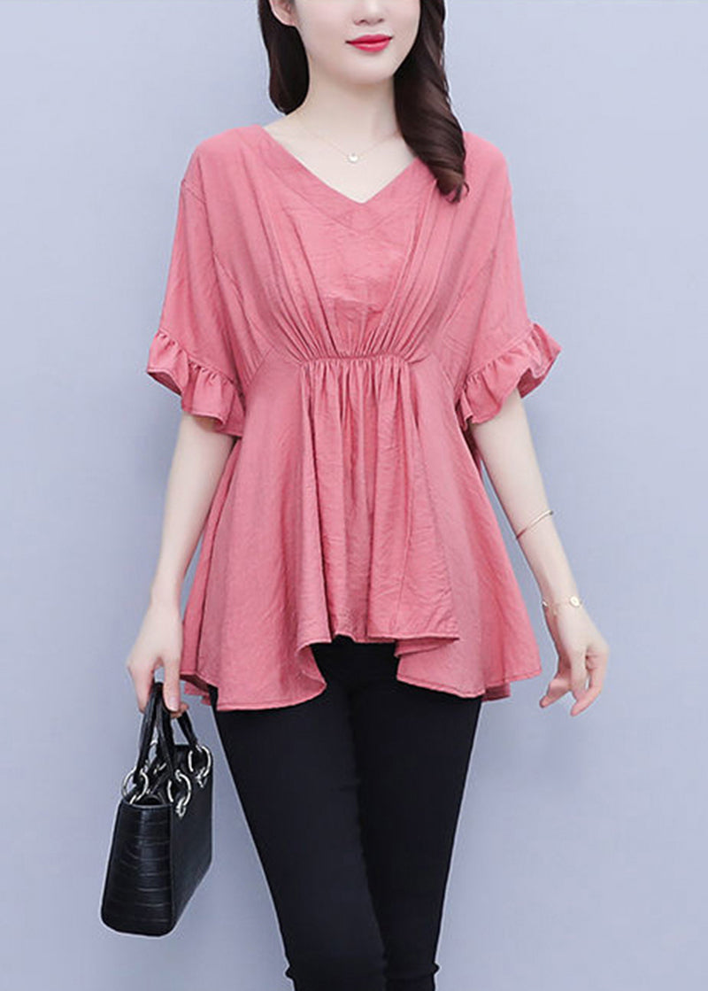 Beautiful Pink V Neck Wrinkled Slim Fit Chiffon Blouses Summer