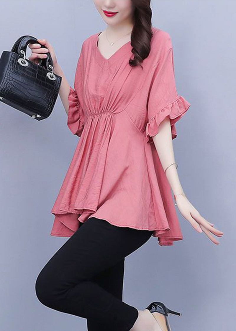 Beautiful Pink V Neck Wrinkled Slim Fit Chiffon Blouses Summer