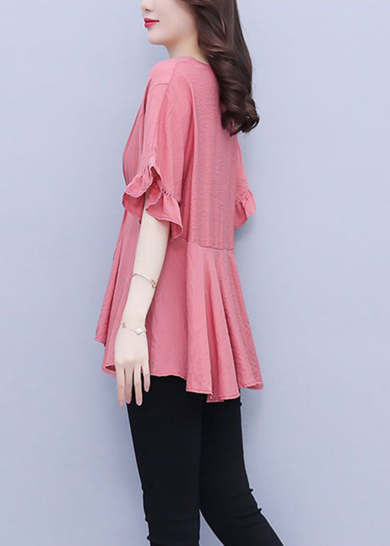 Beautiful Pink V Neck Wrinkled Slim Fit Chiffon Blouses Summer