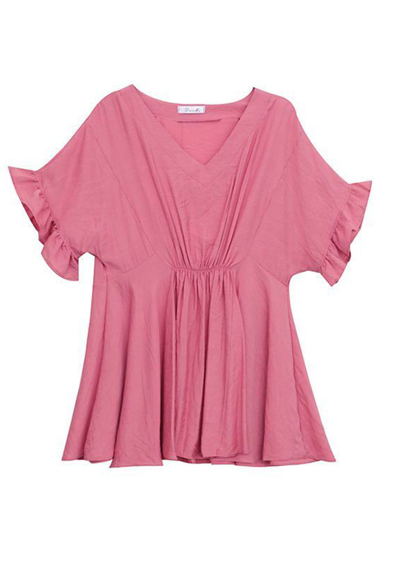 Beautiful Pink V Neck Wrinkled Slim Fit Chiffon Blouses Summer