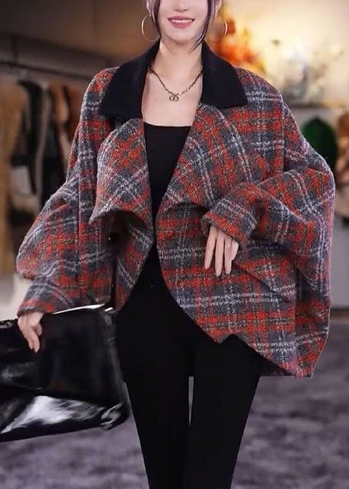 Beautiful Plaid Peter Pan Collar Pockets Woolen Coats Long Sleeve