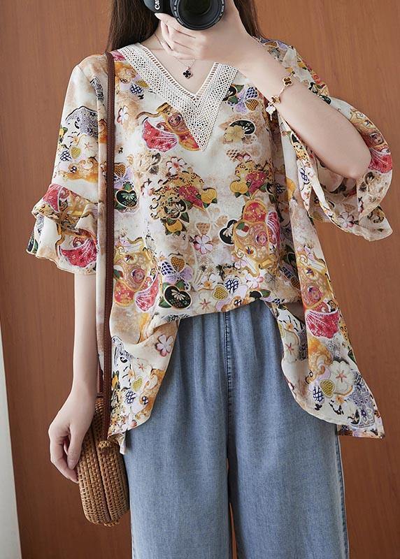 Beautiful Print V Neck flare sleeve Chiffon Top Summer - Omychic