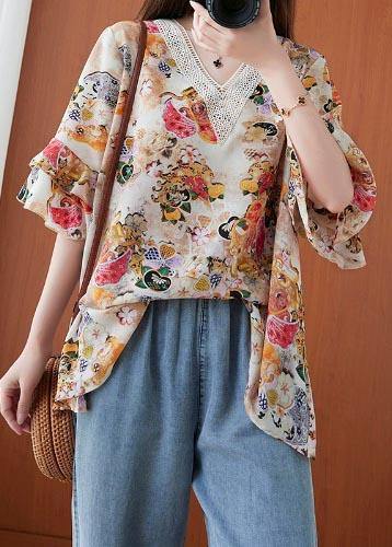 Beautiful Print V Neck flare sleeve Chiffon Top Summer - Omychic