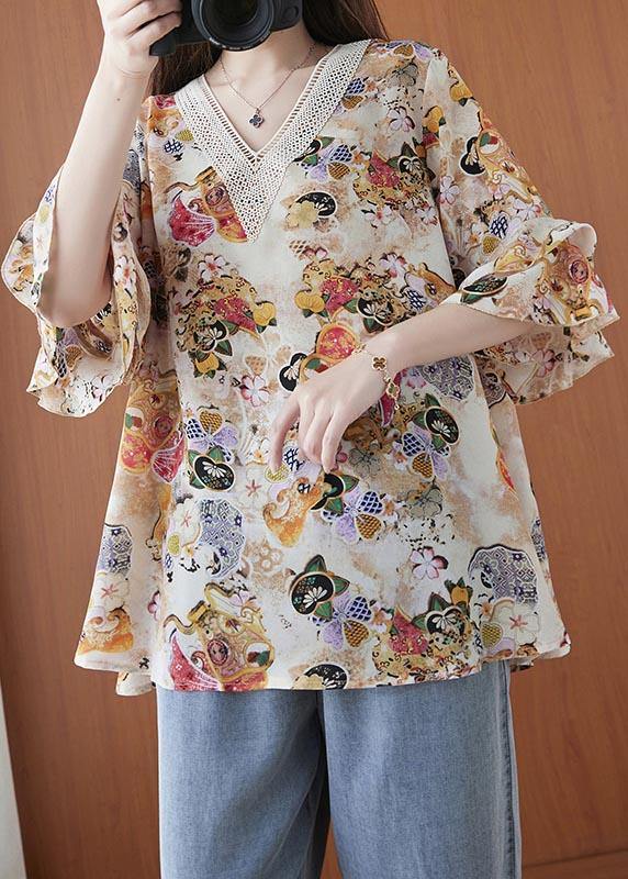 Beautiful Print V Neck flare sleeve Chiffon Top Summer - Omychic