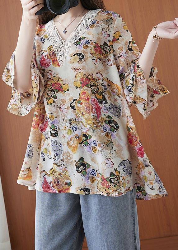 Beautiful Print V Neck flare sleeve Chiffon Top Summer - Omychic