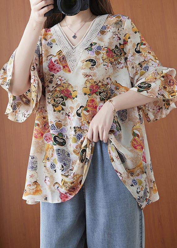 Beautiful Print V Neck flare sleeve Chiffon Top Summer - Omychic