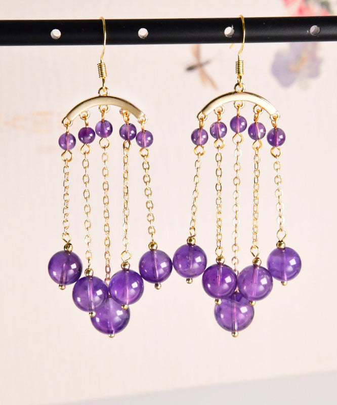 Beautiful Purple 14K Gold Crystal Tassel Drop Earrings