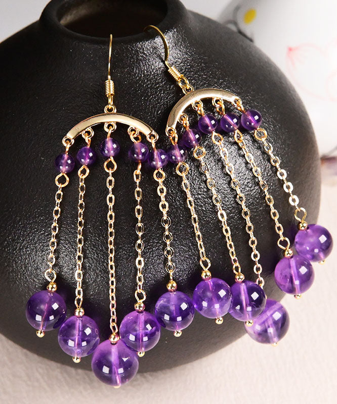 Beautiful Purple 14K Gold Crystal Tassel Drop Earrings