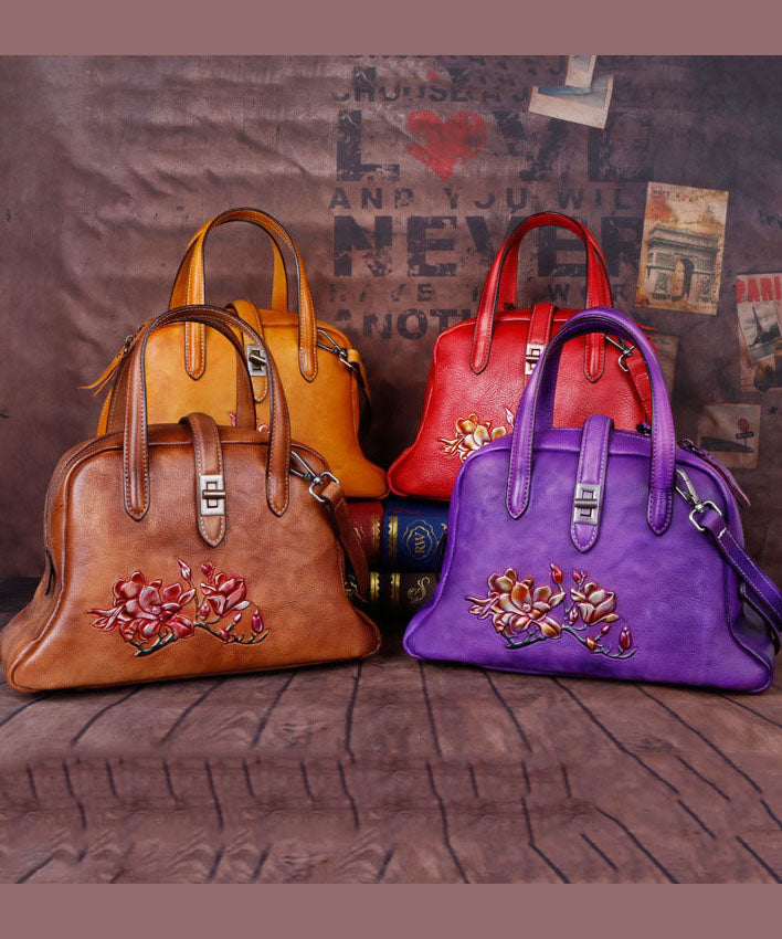 Beautiful Purple Embossing Paitings Calf Leather Satchel Handbag