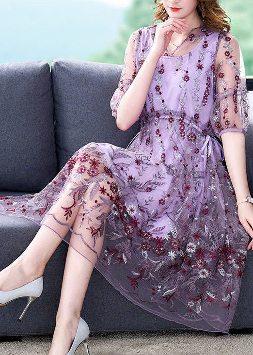 Beautiful Purple Embroideried Hollow Out Tulle Long Dress Summer