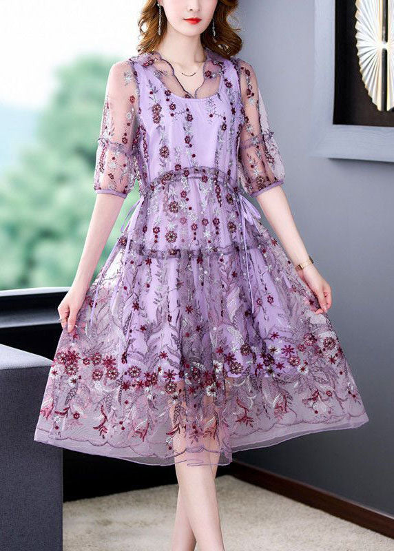 Beautiful Purple Embroideried Hollow Out Tulle Long Dress Summer