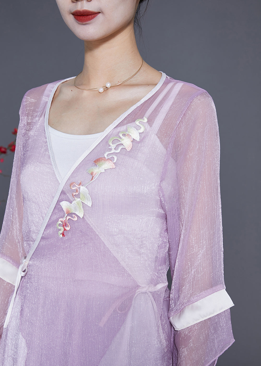 Beautiful Purple Embroideried Lace Up Asymmetrical Design Tulle Tops Summer