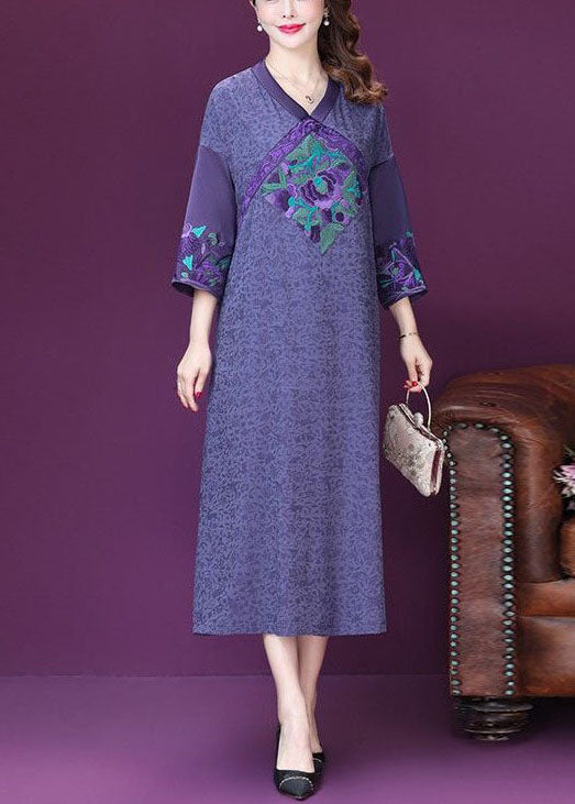 Beautiful Purple Embroideried Patchwork Silk A Line Dresses Bracelet Sleeve