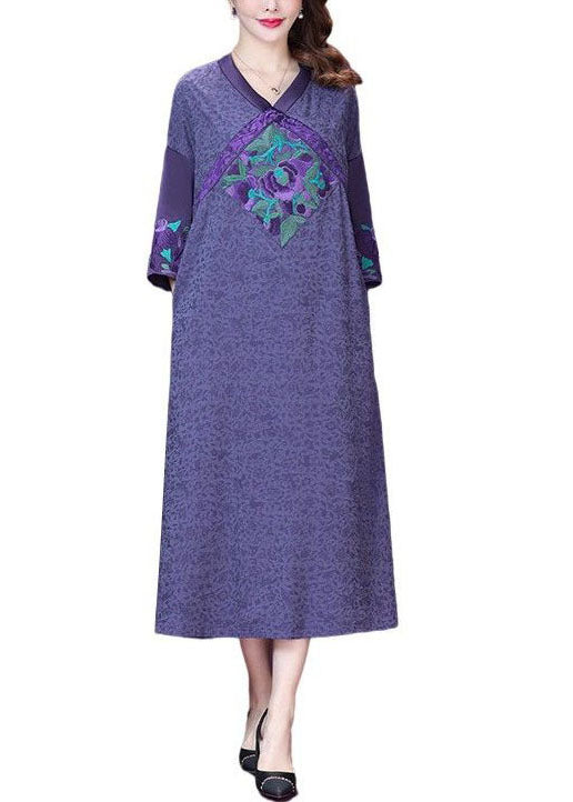 Beautiful Purple Embroideried Patchwork Silk A Line Dresses Bracelet Sleeve